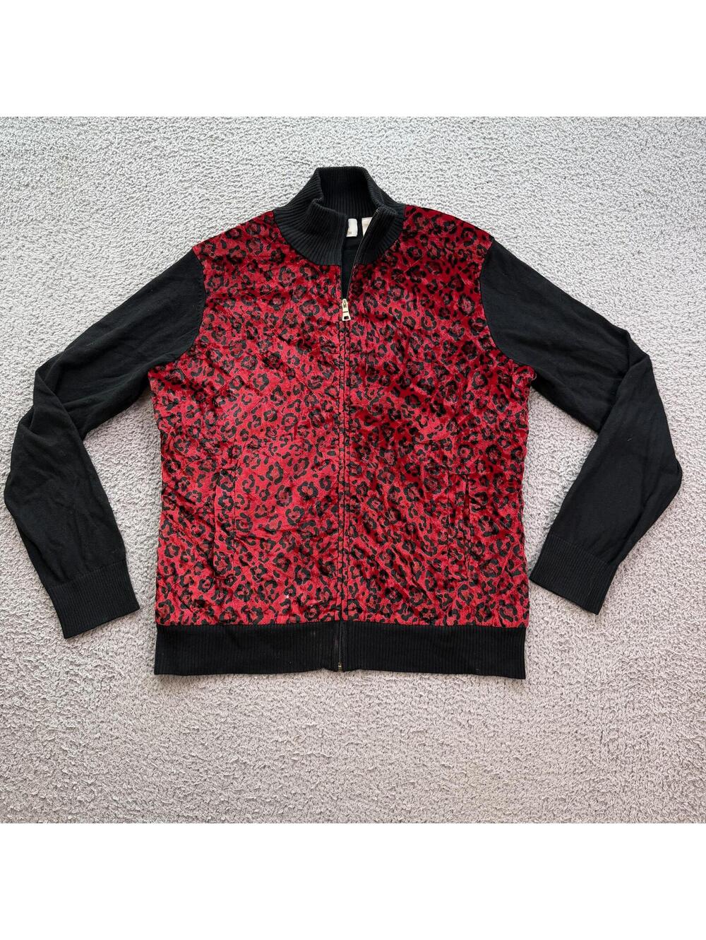 Y2K Red Leopard Print Zip Up Jacket Womens Large Velour Cheetah Glam Goth